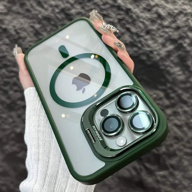 Luxury Magnetic Shockproof Phone Case For iPhone15 14 13 12 11 Pro Max Plus Funda Stand Glass Lens Protection Back Cover