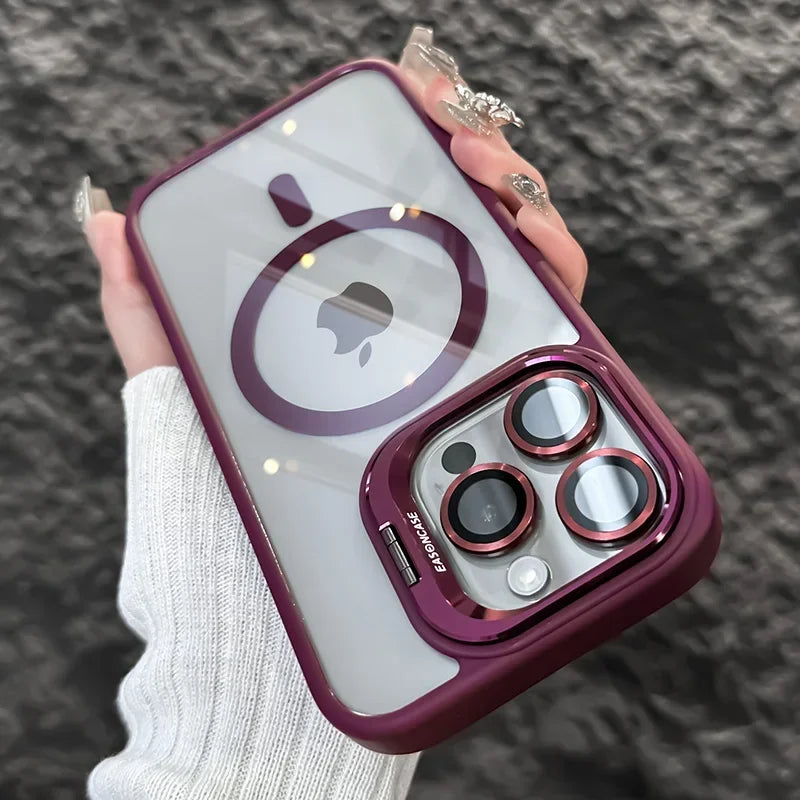 Luxury Magnetic Shockproof Phone Case For iPhone15 14 13 12 11 Pro Max Plus Funda Stand Glass Lens Protection Back Cover