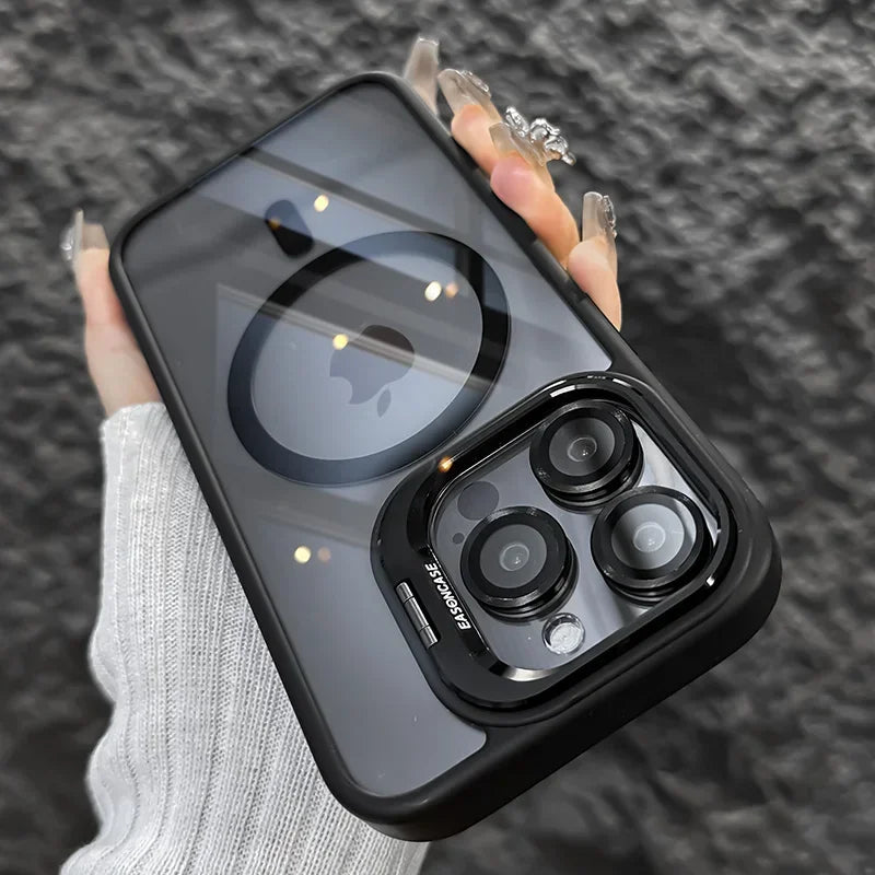 Luxury Magnetic Shockproof Phone Case For iPhone15 14 13 12 11 Pro Max Plus Funda Stand Glass Lens Protection Back Cover