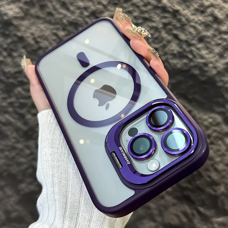 Luxury Magnetic Shockproof Phone Case For iPhone15 14 13 12 11 Pro Max Plus Funda Stand Glass Lens Protection Back Cover