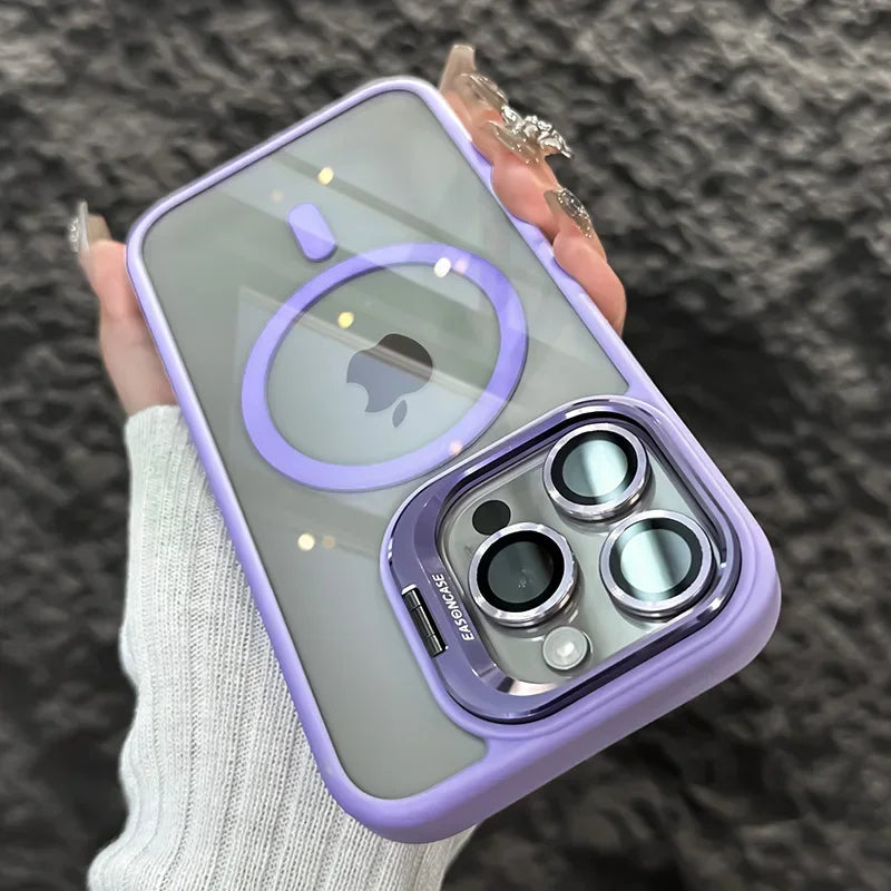 Luxury Magnetic Shockproof Phone Case For iPhone15 14 13 12 11 Pro Max Plus Funda Stand Glass Lens Protection Back Cover